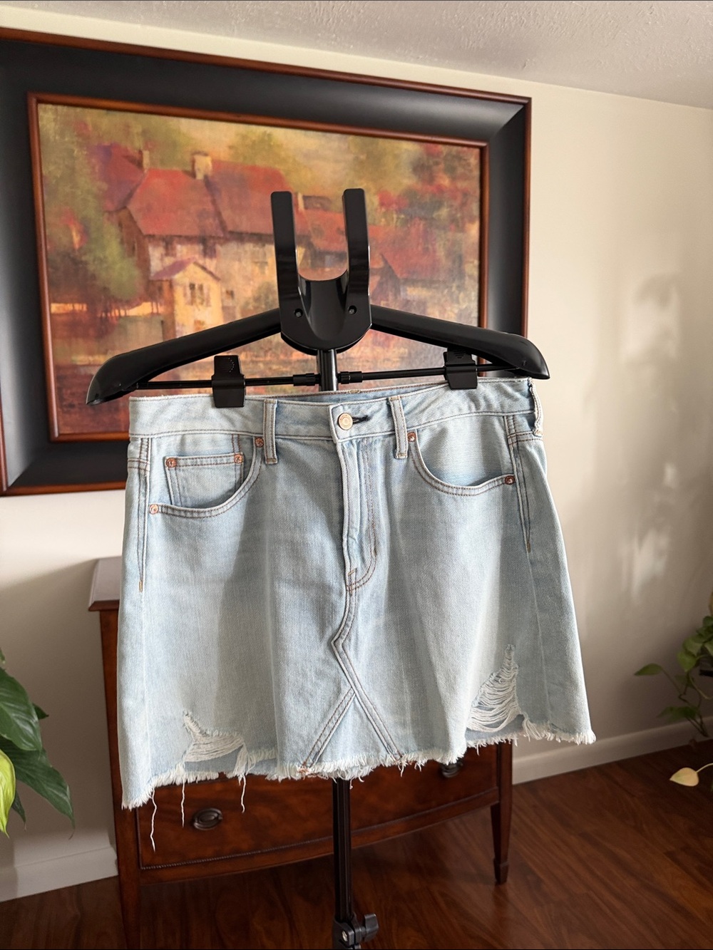 American Eagle Outfitters Light Blue Distressed Denim Mini Skirt